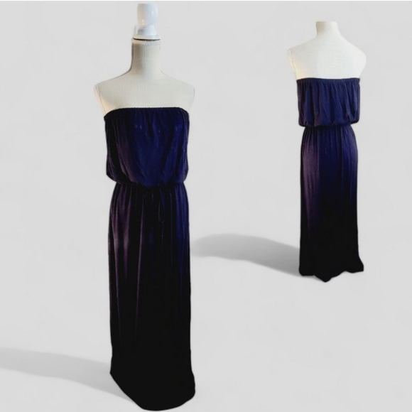 JCrew Women's Strapless Bouncy Flowy Drawstring Waist Pocket Maxi Dress NavyBlue - Picture 2 of 10